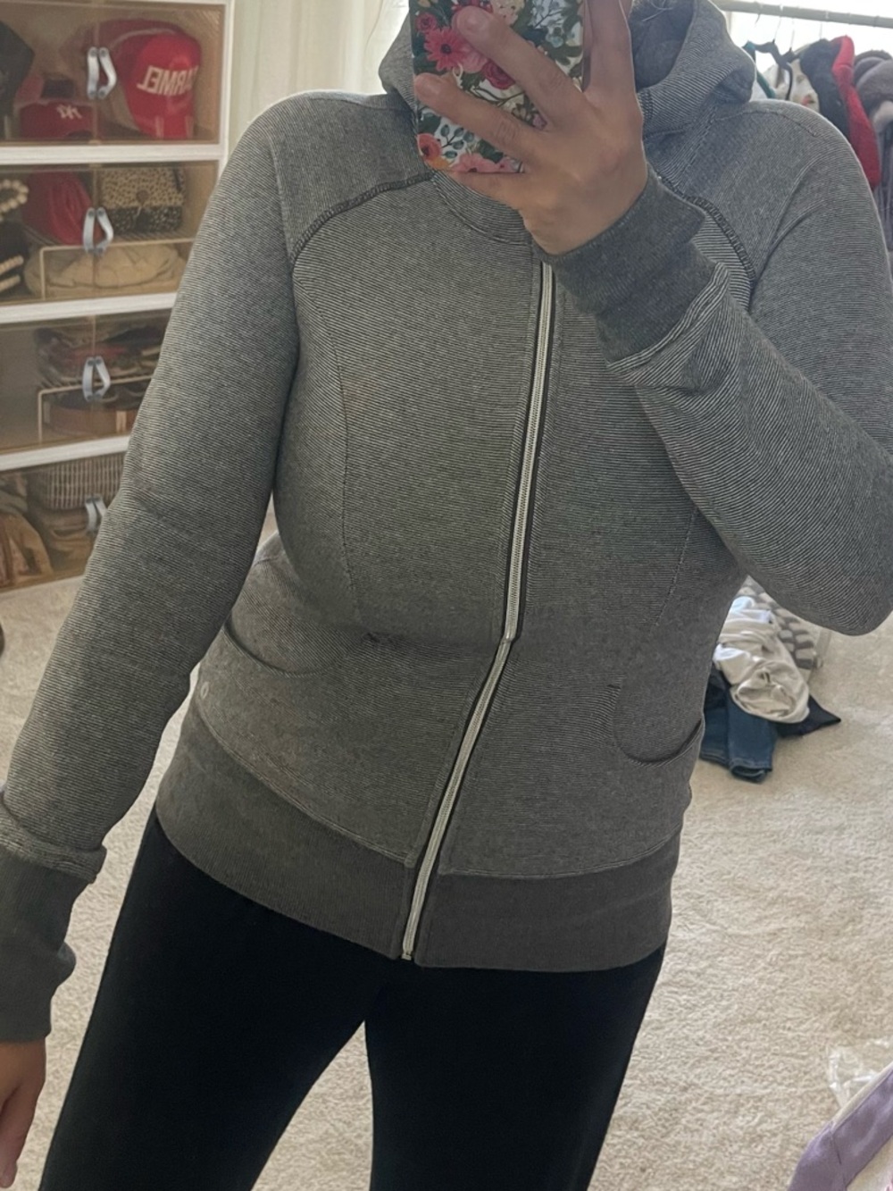 90 Degree By Reflex Gray and White Lined Hoodie